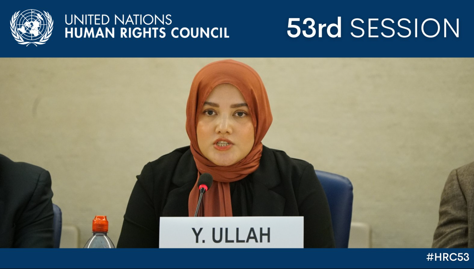 Yasmin Ullah speaking to a microphone at the UN Human Rights Council session 53 on Durable Solutions to the Rohingya Crisis